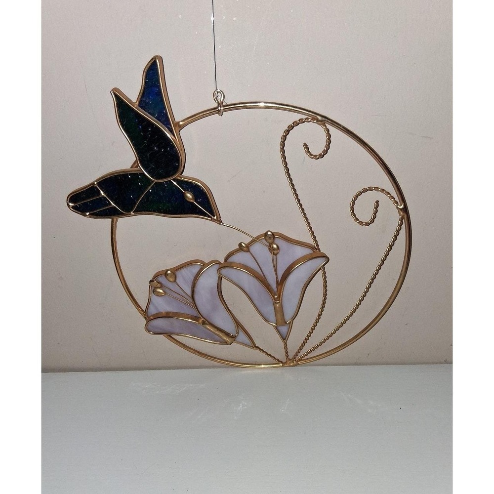 Vintage Brass Tone Faux Stained Glass Floral Butterfly Sun Catcher Wall Hanging